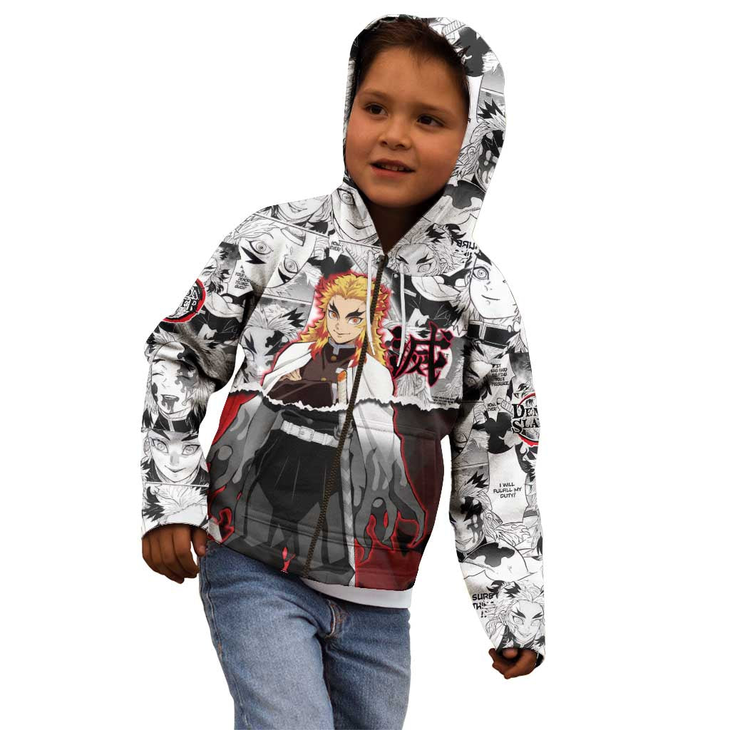 Kyojuro Rengoku Demon Slayer Flame Hashira Design Kid Hoodie with Manga Panels and Fiery Sword Artwork - The Mazicc
