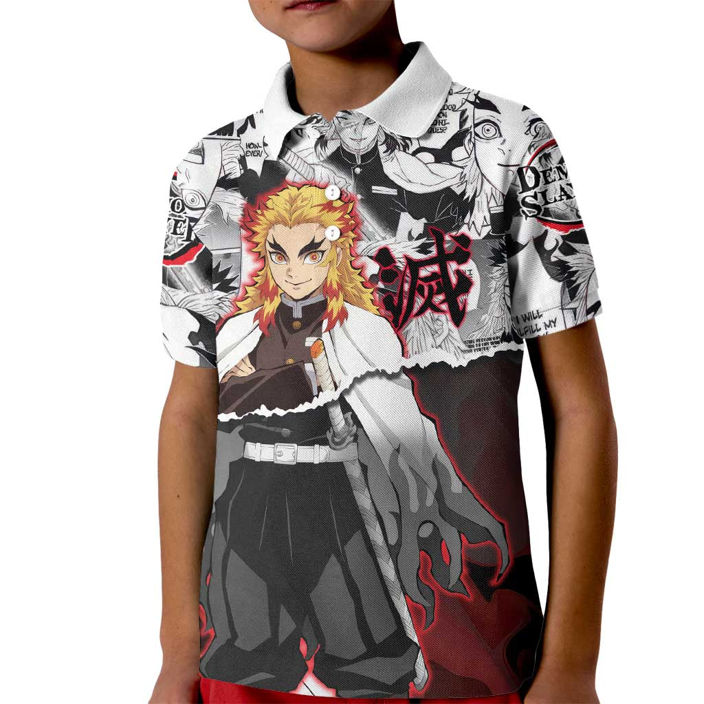 Kyojuro Rengoku Demon Slayer Flame Hashira Design Kid Polo Shirt with Manga Panels and Fiery Sword Artwork - The Mazicc
