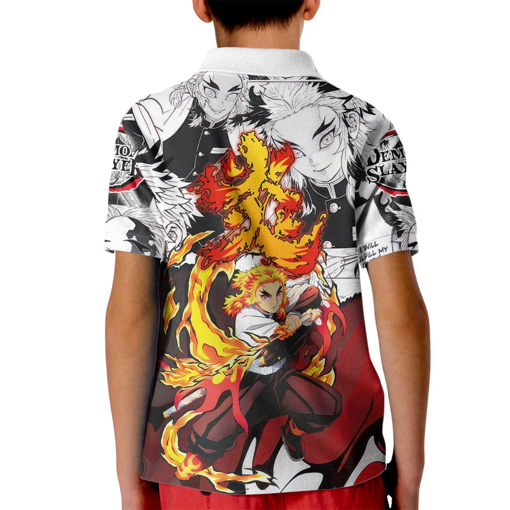 Kyojuro Rengoku Demon Slayer Flame Hashira Design Kid Polo Shirt with Manga Panels and Fiery Sword Artwork - The Mazicc