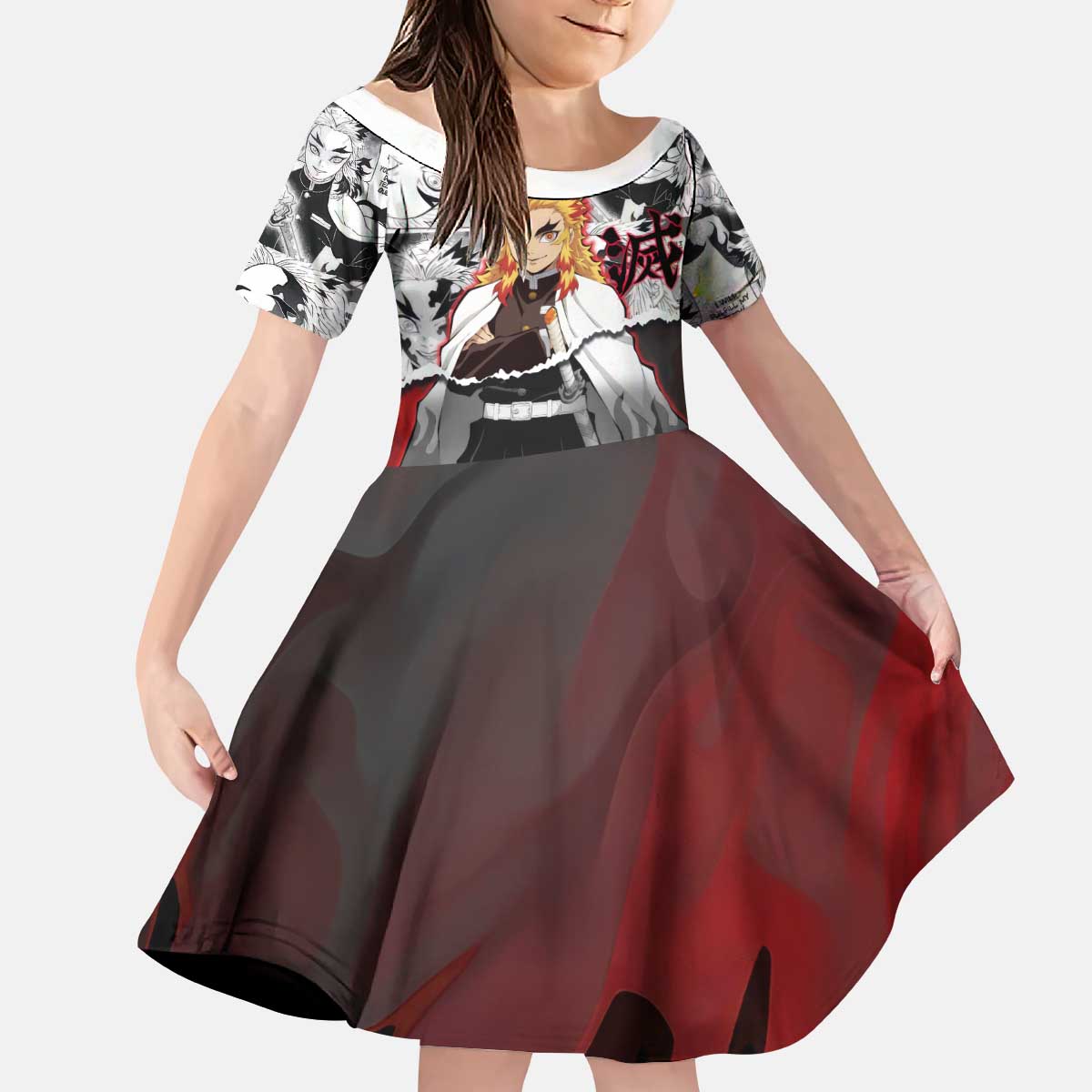 Kyojuro Rengoku Demon Slayer Flame Hashira Design Kid Short Sleeve Dress with Manga Panels and Fiery Sword Artwork - The Mazicc