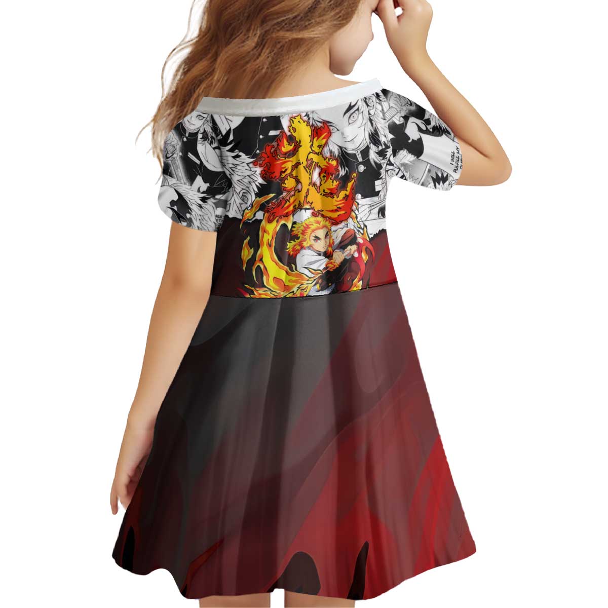 Kyojuro Rengoku Demon Slayer Flame Hashira Design Kid Short Sleeve Dress with Manga Panels and Fiery Sword Artwork - The Mazicc