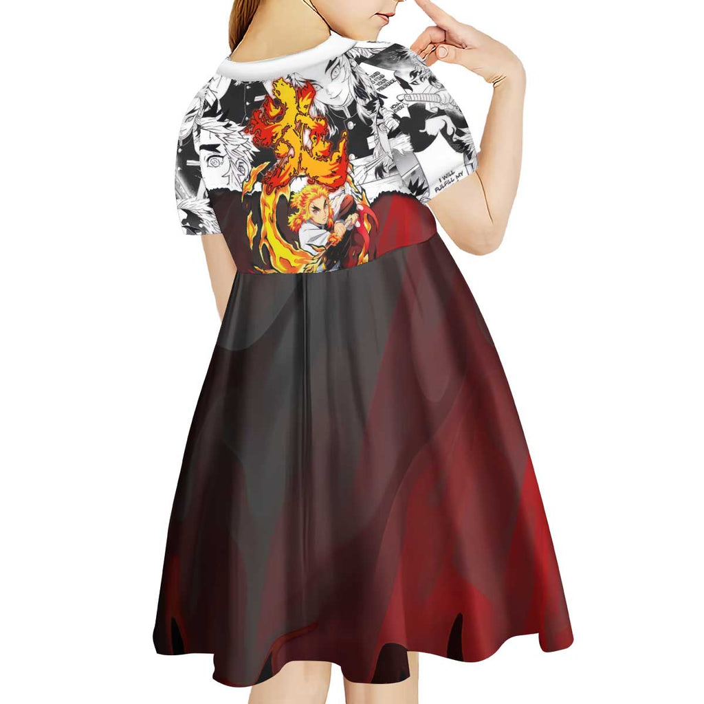 Kyojuro Rengoku Demon Slayer Flame Hashira Design Kid Short Sleeve Dress with Manga Panels and Fiery Sword Artwork - The Mazicc