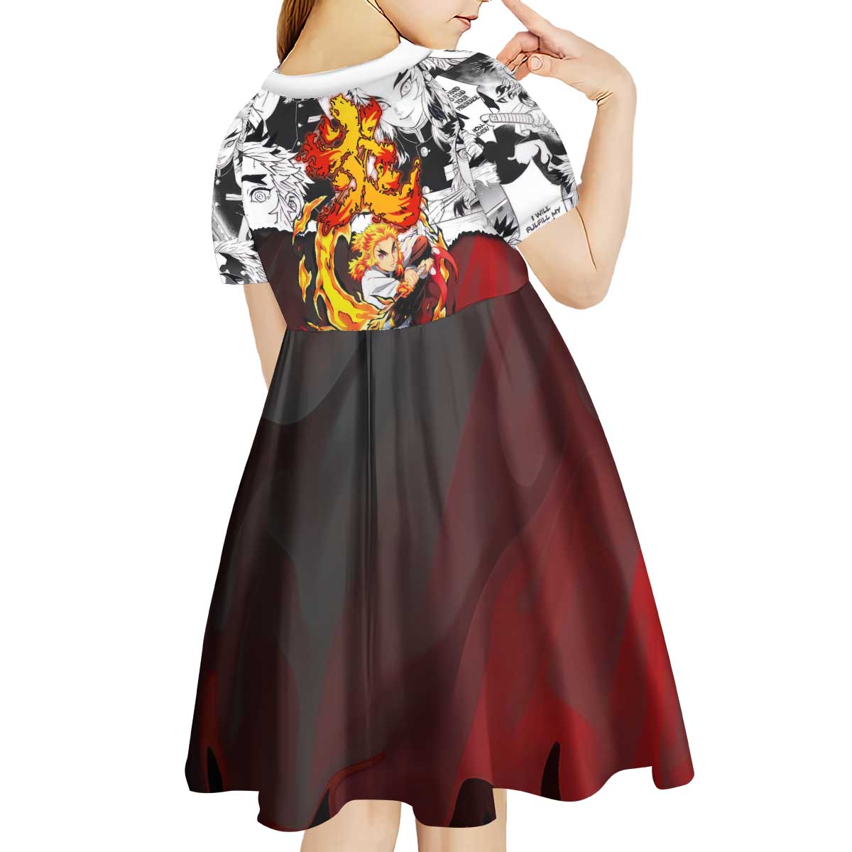 Kyojuro Rengoku Demon Slayer Flame Hashira Design Kid Short Sleeve Dress with Manga Panels and Fiery Sword Artwork - The Mazicc