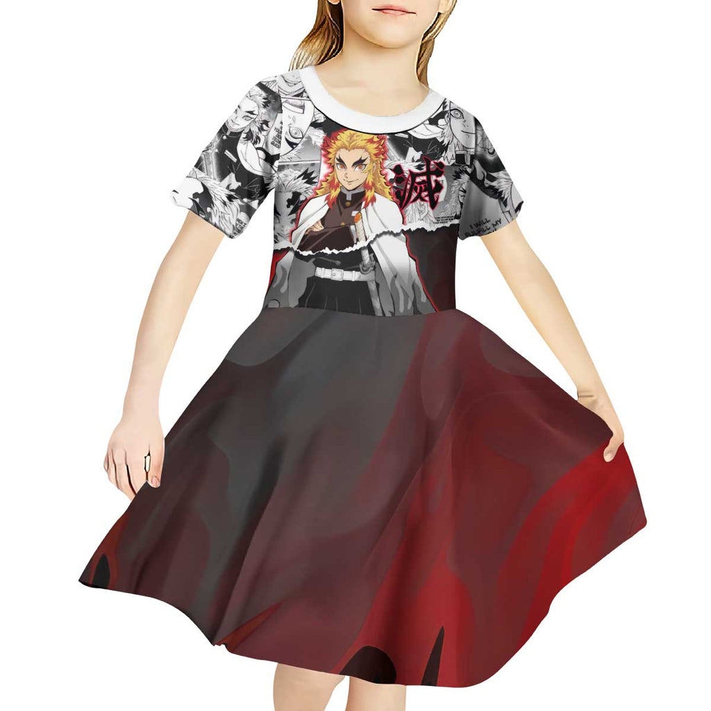 Kyojuro Rengoku Demon Slayer Flame Hashira Design Kid Short Sleeve Dress with Manga Panels and Fiery Sword Artwork - The Mazicc