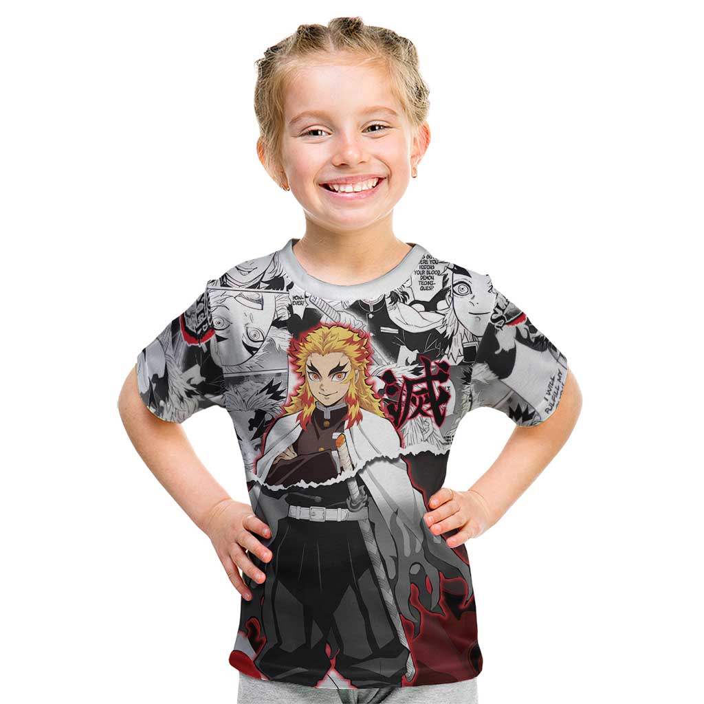 Kyojuro Rengoku Demon Slayer Flame Hashira Design Kid T Shirt with Manga Panels and Fiery Sword Artwork - The Mazicc