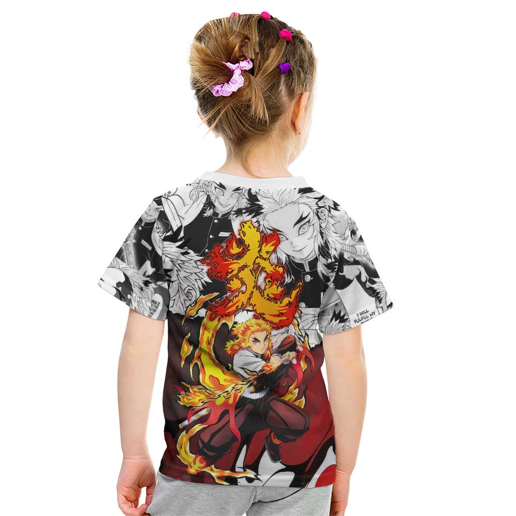 Kyojuro Rengoku Demon Slayer Flame Hashira Design Kid T Shirt with Manga Panels and Fiery Sword Artwork - The Mazicc