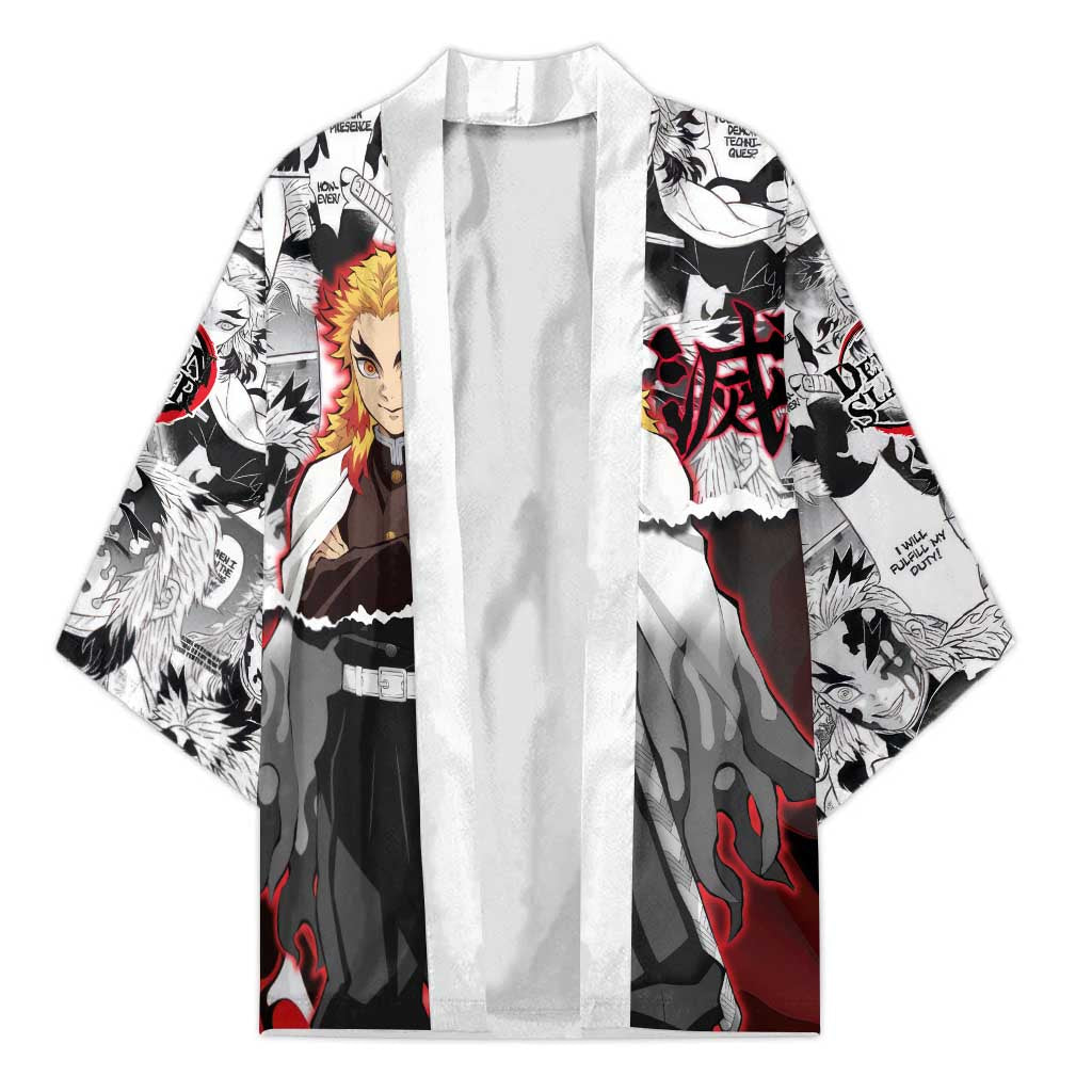 Kyojuro Rengoku Demon Slayer Flame Hashira Design Kimono with Manga Panels and Fiery Sword Artwork - The Mazicc