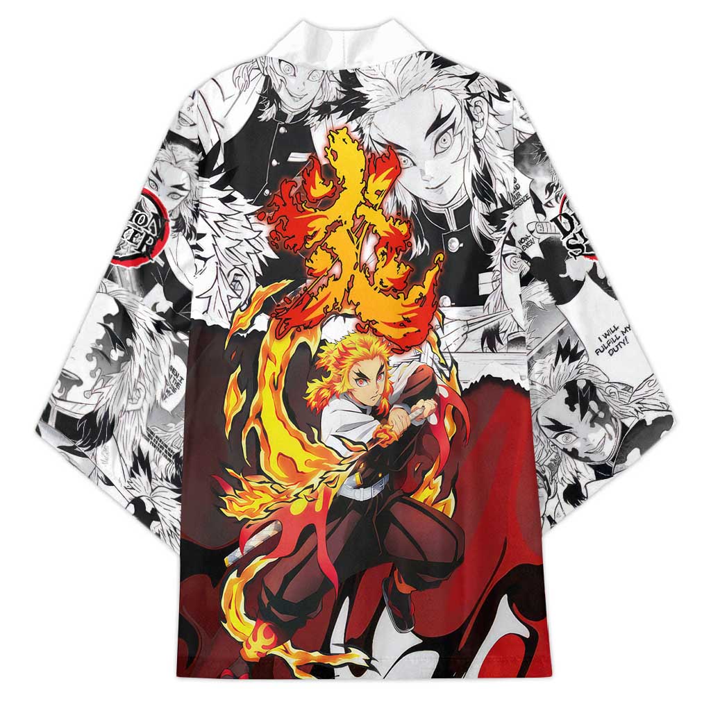 Kyojuro Rengoku Demon Slayer Flame Hashira Design Kimono with Manga Panels and Fiery Sword Artwork - The Mazicc