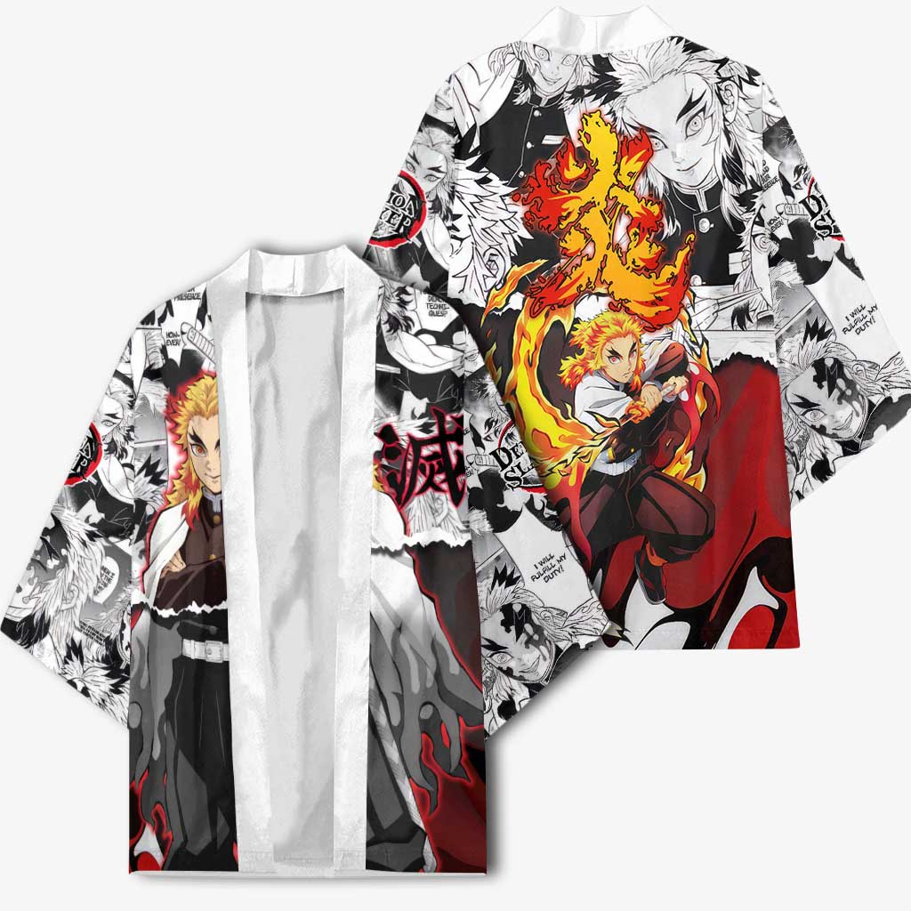 Kyojuro Rengoku Demon Slayer Flame Hashira Design Kimono with Manga Panels and Fiery Sword Artwork - The Mazicc