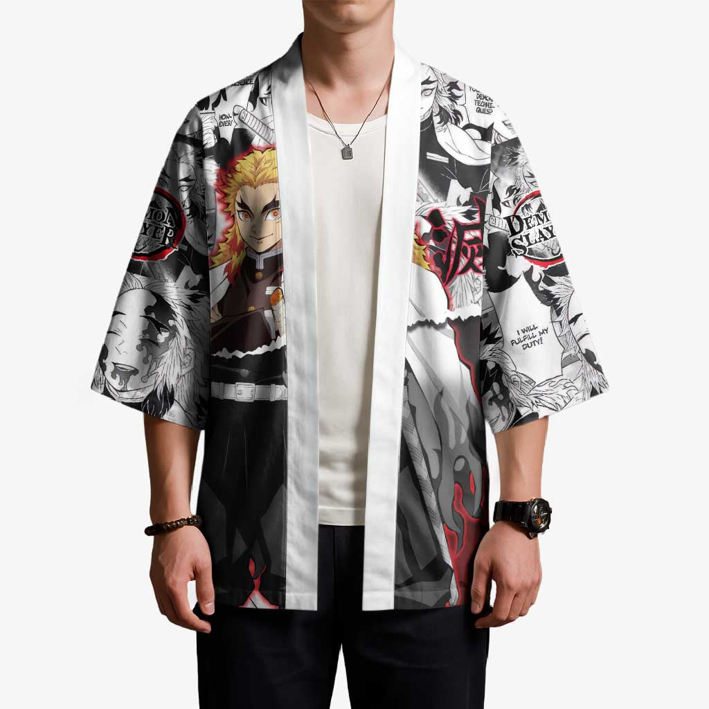 Kyojuro Rengoku Demon Slayer Flame Hashira Design Kimono with Manga Panels and Fiery Sword Artwork - The Mazicc