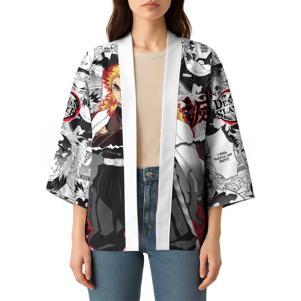 Kyojuro Rengoku Demon Slayer Flame Hashira Design Kimono with Manga Panels and Fiery Sword Artwork - The Mazicc