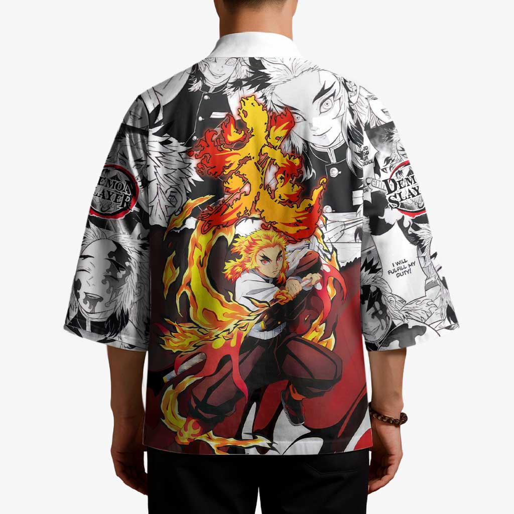 Kyojuro Rengoku Demon Slayer Flame Hashira Design Kimono with Manga Panels and Fiery Sword Artwork - The Mazicc