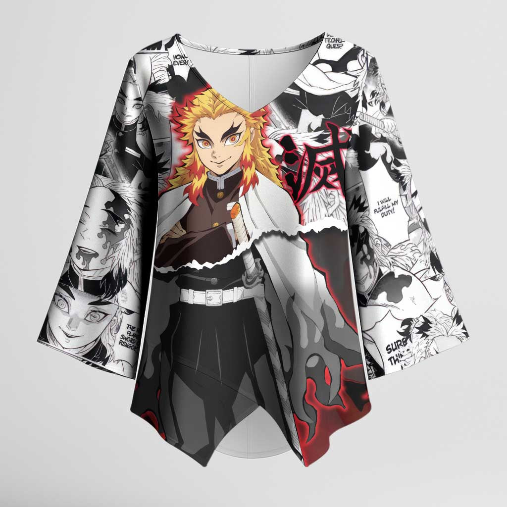 Kyojuro Rengoku Demon Slayer Flame Hashira Design Kimono Sleeve Blouse with Manga Panels and Fiery Sword Artwork - The Mazicc