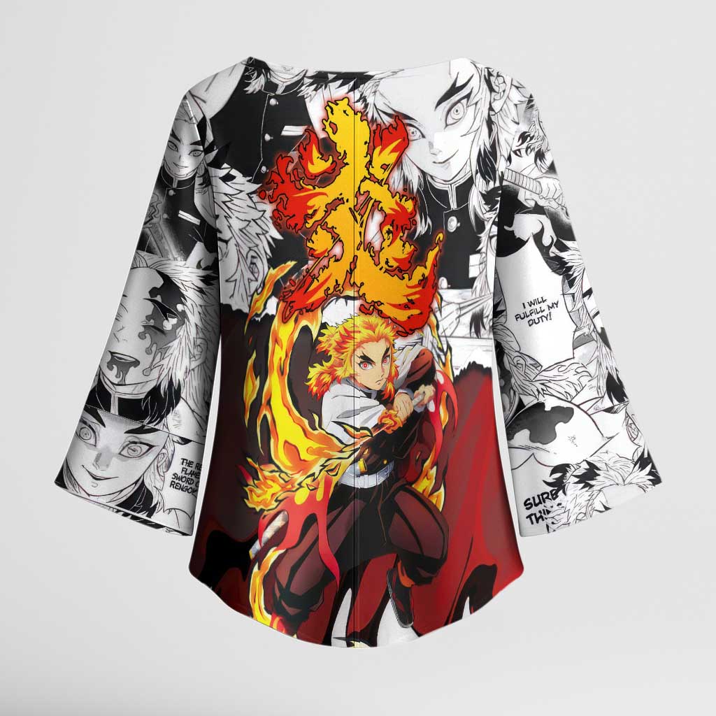 Kyojuro Rengoku Demon Slayer Flame Hashira Design Kimono Sleeve Blouse with Manga Panels and Fiery Sword Artwork - The Mazicc