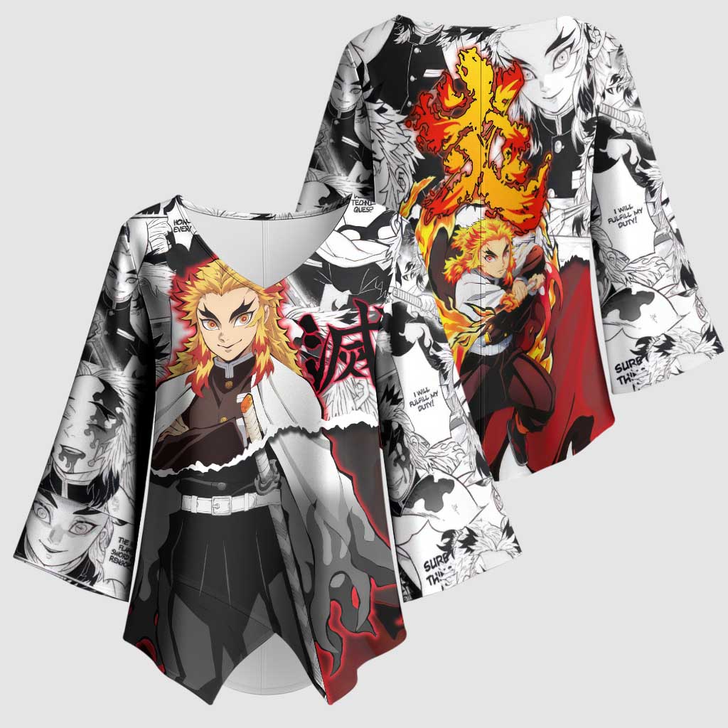 Kyojuro Rengoku Demon Slayer Flame Hashira Design Kimono Sleeve Blouse with Manga Panels and Fiery Sword Artwork - The Mazicc
