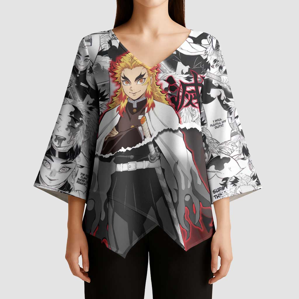 Kyojuro Rengoku Demon Slayer Flame Hashira Design Kimono Sleeve Blouse with Manga Panels and Fiery Sword Artwork - The Mazicc
