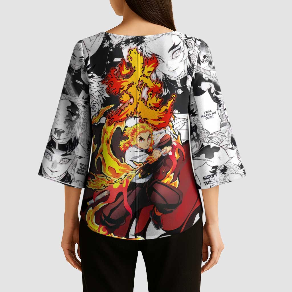 Kyojuro Rengoku Demon Slayer Flame Hashira Design Kimono Sleeve Blouse with Manga Panels and Fiery Sword Artwork - The Mazicc