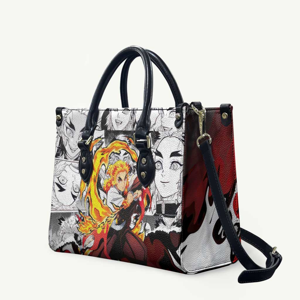 Kyojuro Rengoku Demon Slayer Flame Hashira Design Leather Bag with Manga Panels and Fiery Sword Artwork - The Mazicc