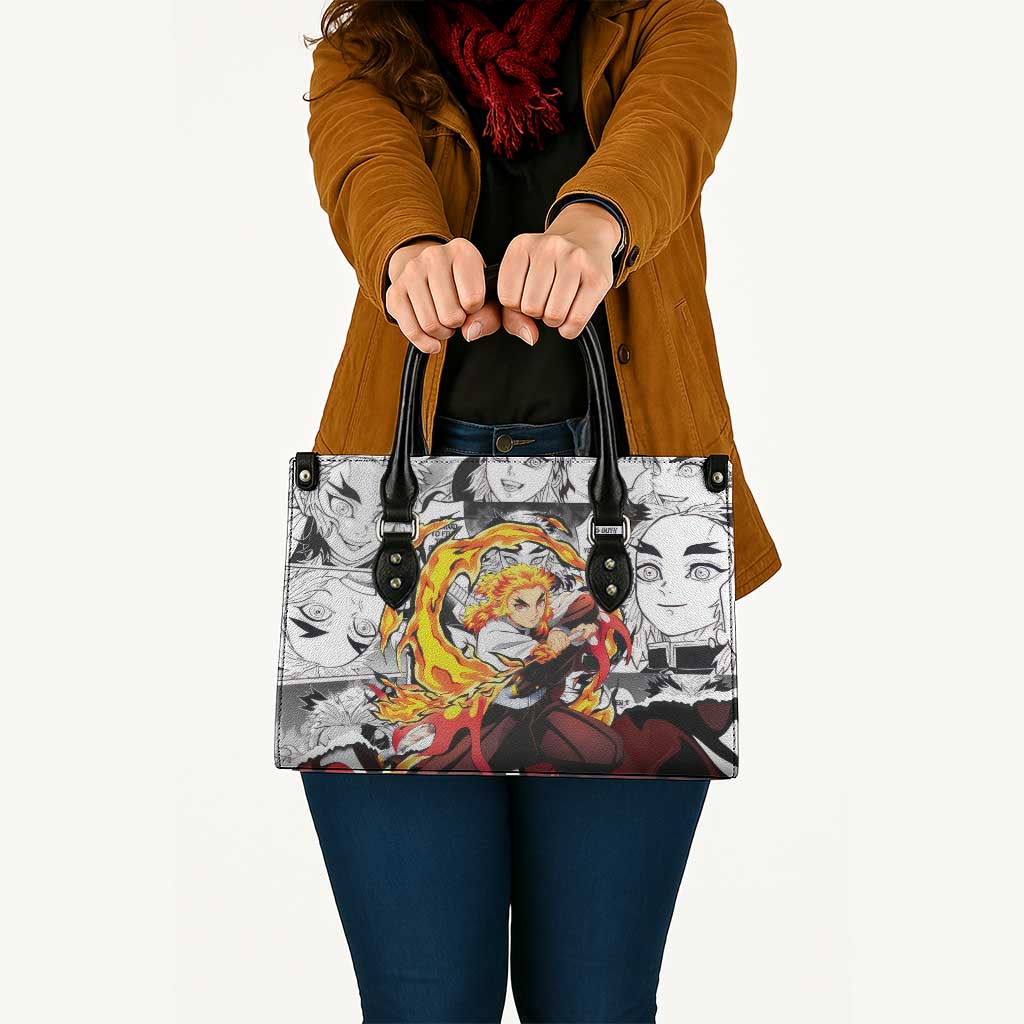Kyojuro Rengoku Demon Slayer Flame Hashira Design Leather Bag with Manga Panels and Fiery Sword Artwork - The Mazicc