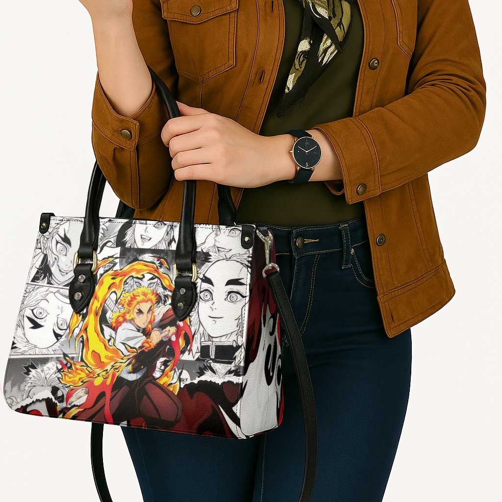 Kyojuro Rengoku Demon Slayer Flame Hashira Design Leather Bag with Manga Panels and Fiery Sword Artwork - The Mazicc