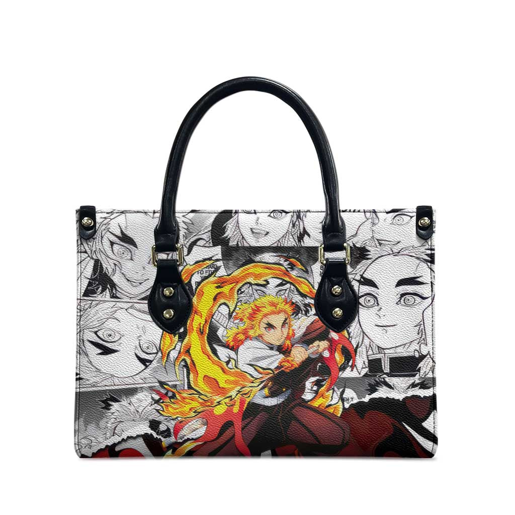 Kyojuro Rengoku Demon Slayer Flame Hashira Design Leather Bag with Manga Panels and Fiery Sword Artwork - The Mazicc