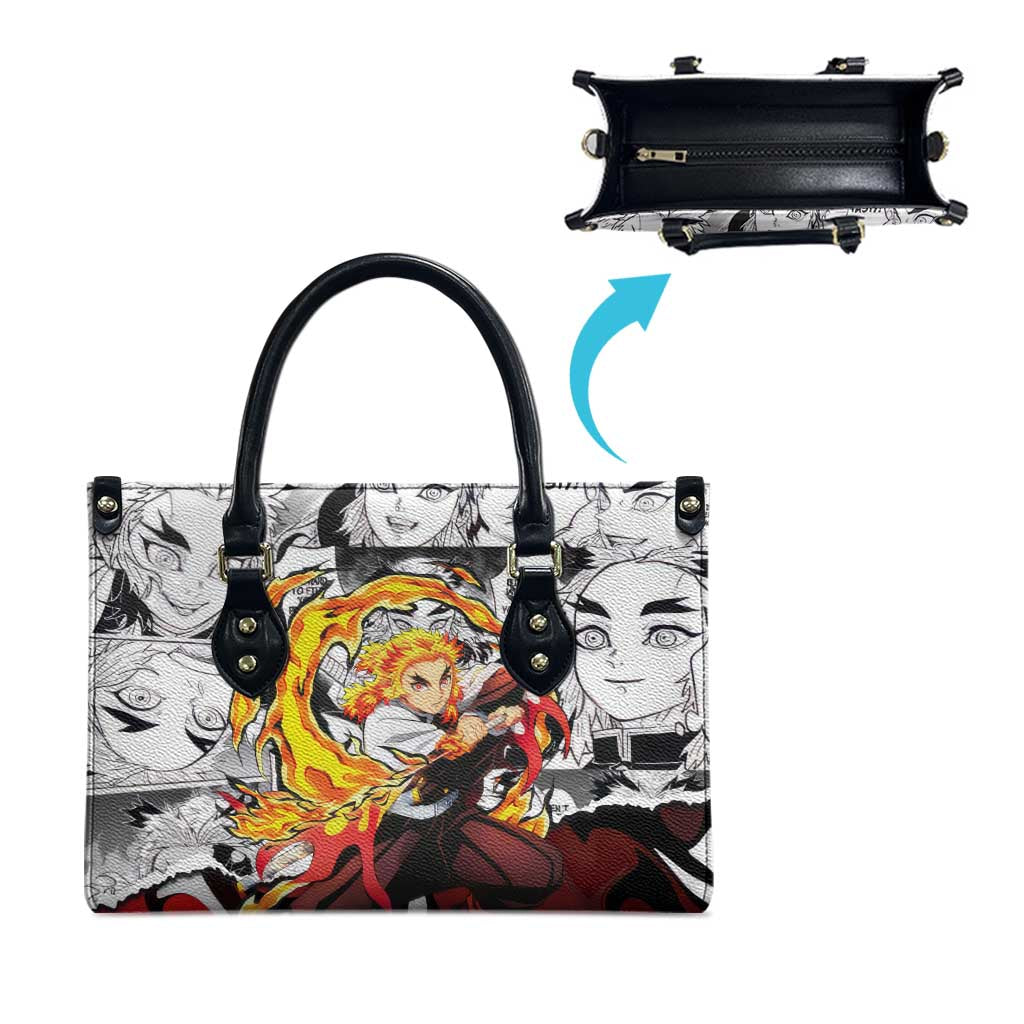 Kyojuro Rengoku Demon Slayer Flame Hashira Design Leather Bag with Manga Panels and Fiery Sword Artwork - The Mazicc