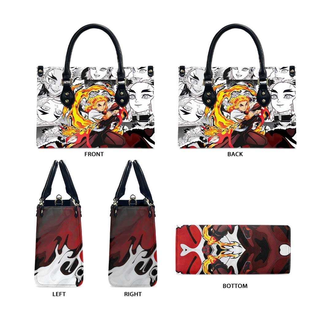 Kyojuro Rengoku Demon Slayer Flame Hashira Design Leather Bag with Manga Panels and Fiery Sword Artwork - The Mazicc