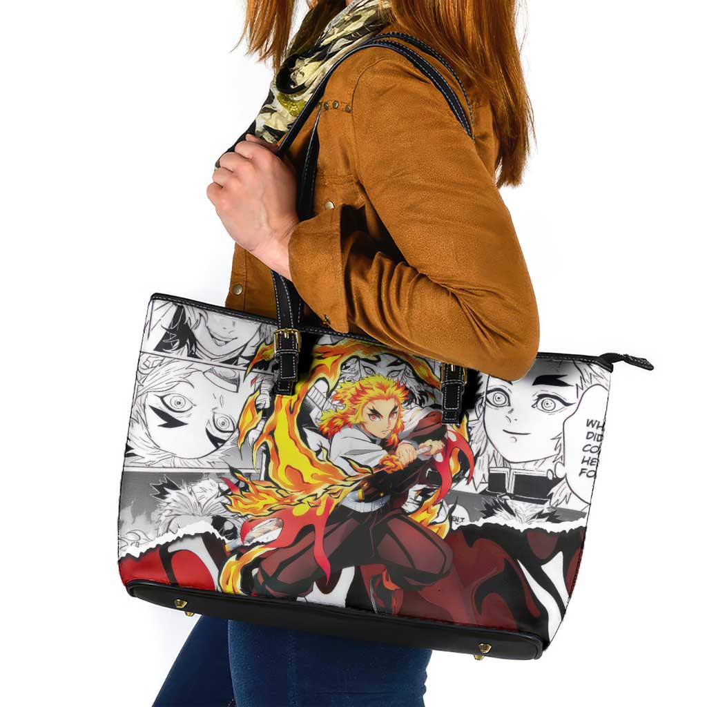 Kyojuro Rengoku Demon Slayer Flame Hashira Design Leather Tote Bag with Manga Panels and Fiery Sword Artwork - The Mazicc