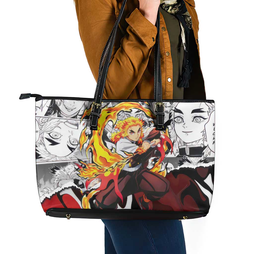 Kyojuro Rengoku Demon Slayer Flame Hashira Design Leather Tote Bag with Manga Panels and Fiery Sword Artwork - The Mazicc
