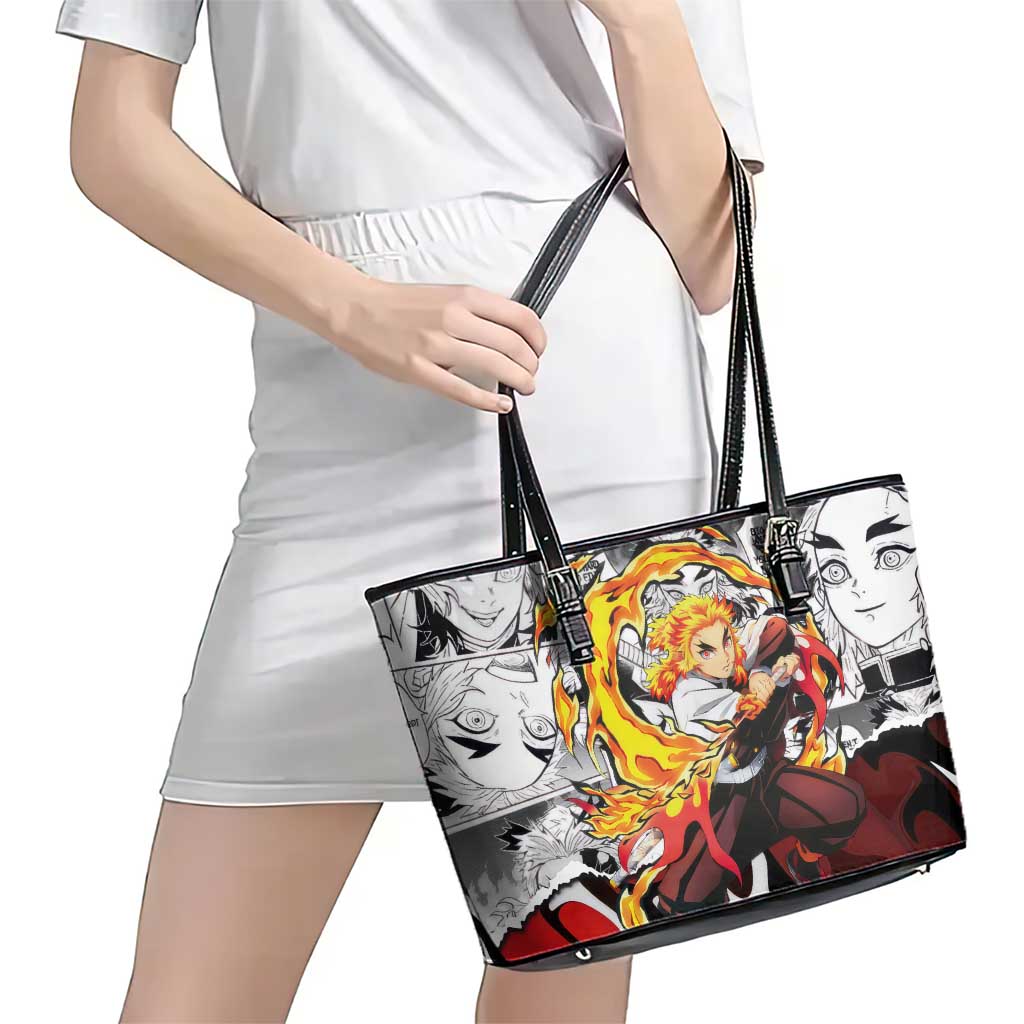 Kyojuro Rengoku Demon Slayer Flame Hashira Design Leather Tote Bag with Manga Panels and Fiery Sword Artwork - The Mazicc