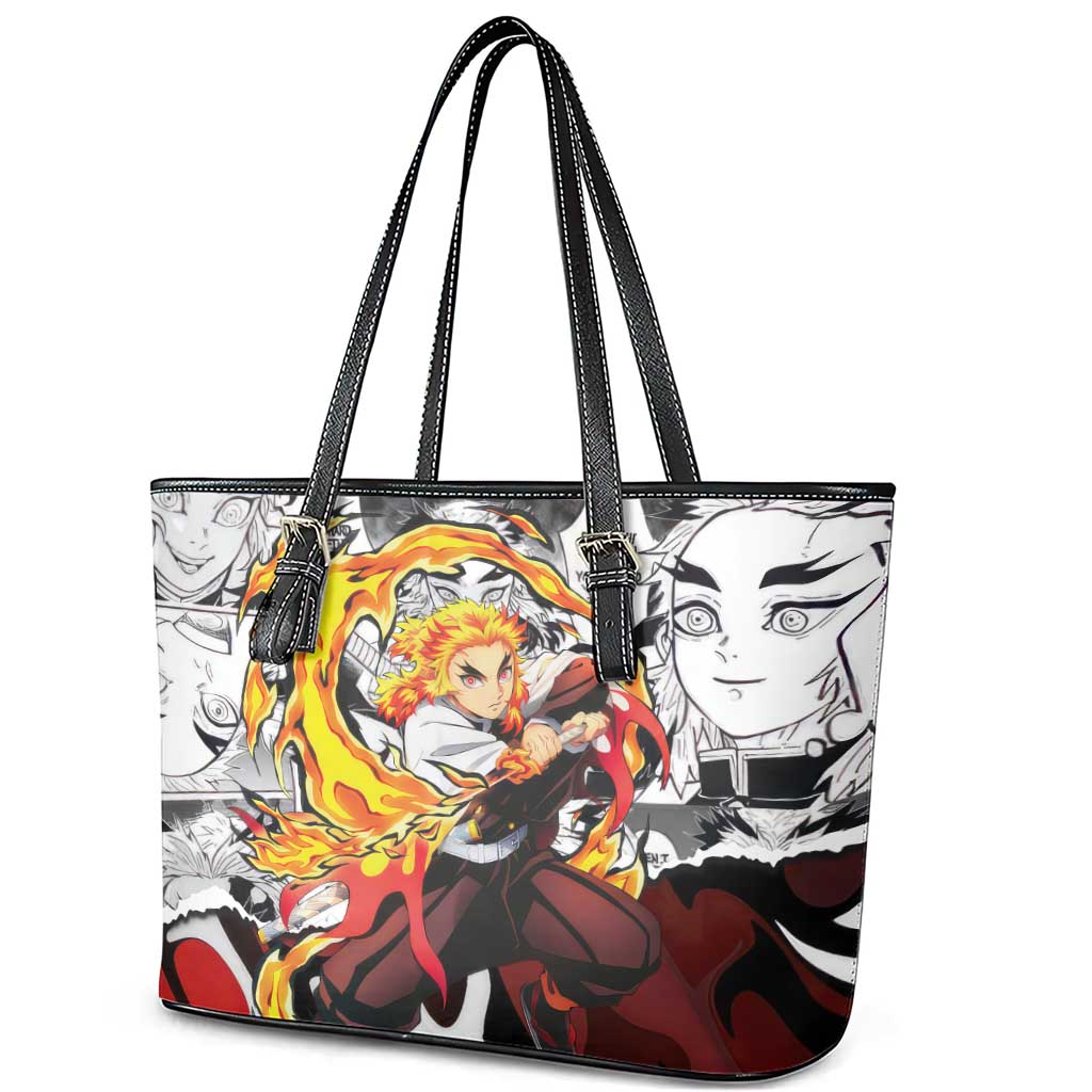 Kyojuro Rengoku Demon Slayer Flame Hashira Design Leather Tote Bag with Manga Panels and Fiery Sword Artwork - The Mazicc