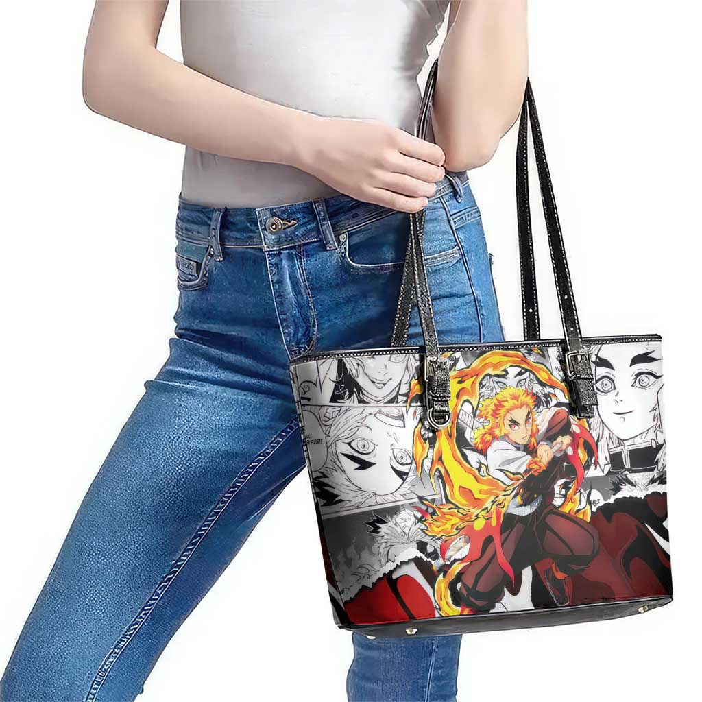 Kyojuro Rengoku Demon Slayer Flame Hashira Design Leather Tote Bag with Manga Panels and Fiery Sword Artwork - The Mazicc