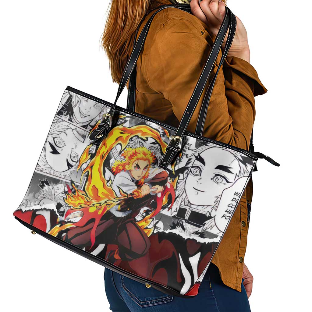 Kyojuro Rengoku Demon Slayer Flame Hashira Design Leather Tote Bag with Manga Panels and Fiery Sword Artwork - The Mazicc
