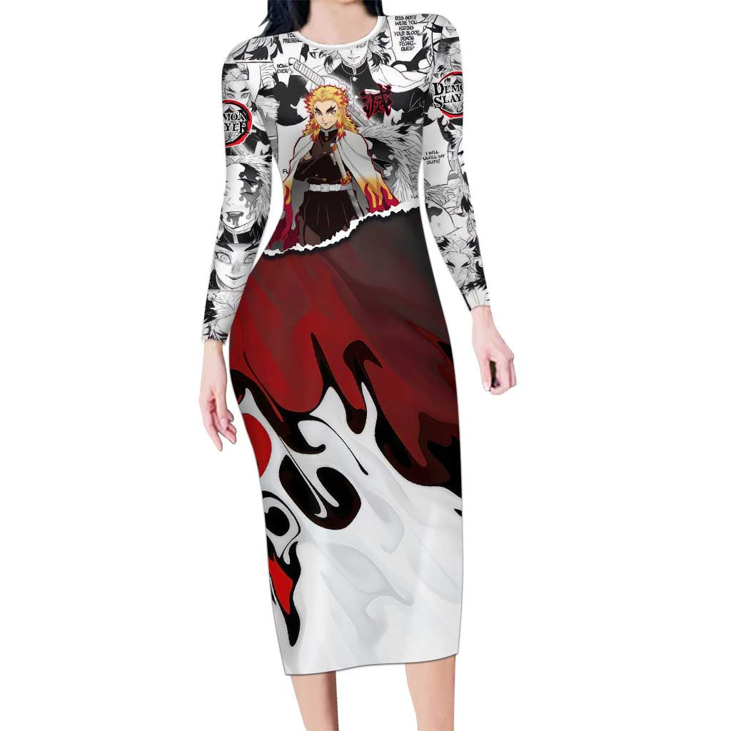 Kyojuro Rengoku Demon Slayer Flame Hashira Design Long Sleeve Bodycon Dress with Manga Panels and Fiery Sword Artwork - The Mazicc