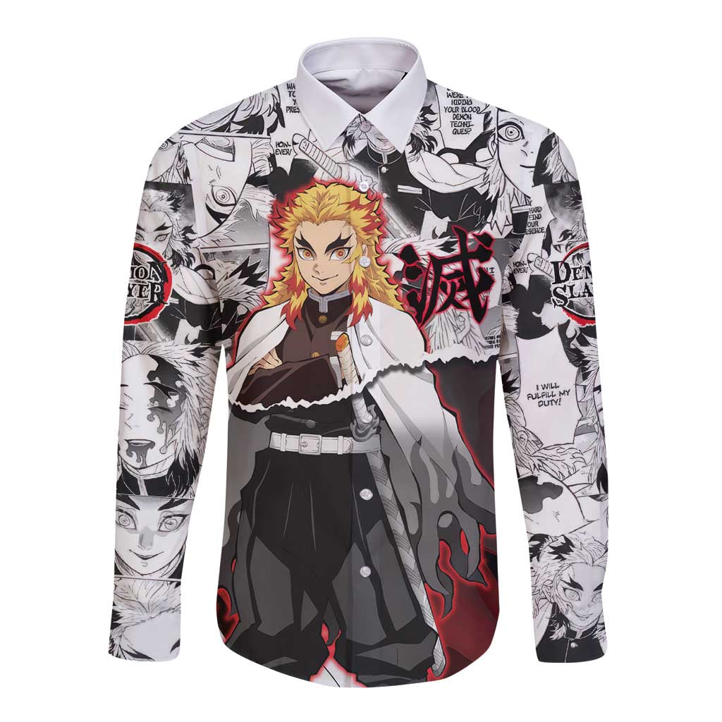 Kyojuro Rengoku Demon Slayer Flame Hashira Design Long Sleeve Button Shirt with Manga Panels and Fiery Sword Artwork - The Mazicc