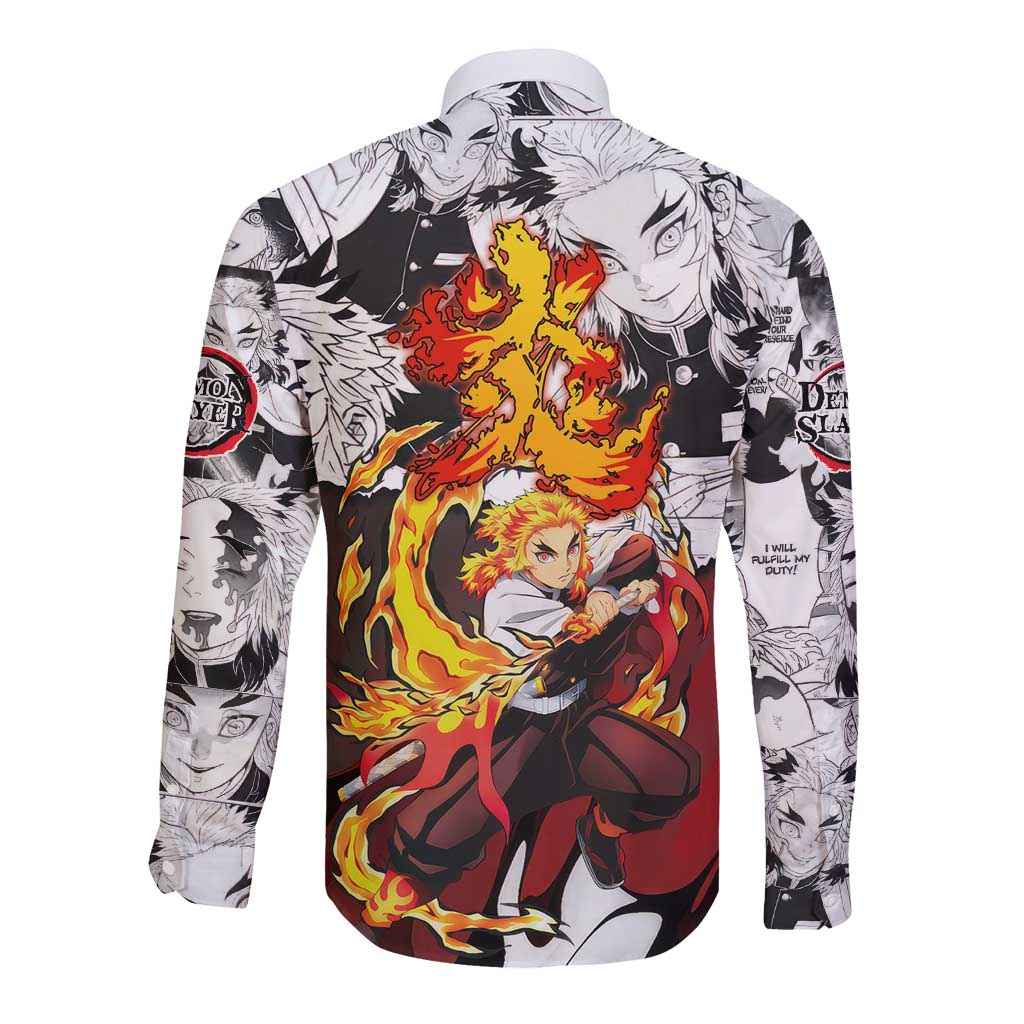 Kyojuro Rengoku Demon Slayer Flame Hashira Design Long Sleeve Button Shirt with Manga Panels and Fiery Sword Artwork - The Mazicc