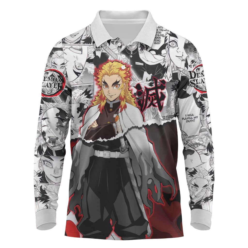 Kyojuro Rengoku Demon Slayer Flame Hashira Design Long Sleeve Polo Shirt with Manga Panels and Fiery Sword Artwork - The Mazicc