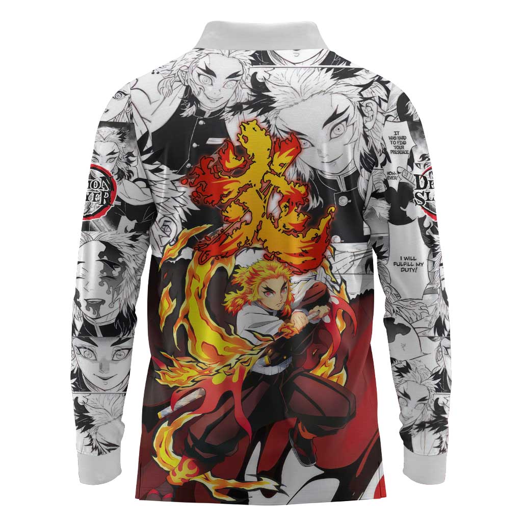 Kyojuro Rengoku Demon Slayer Flame Hashira Design Long Sleeve Polo Shirt with Manga Panels and Fiery Sword Artwork - The Mazicc