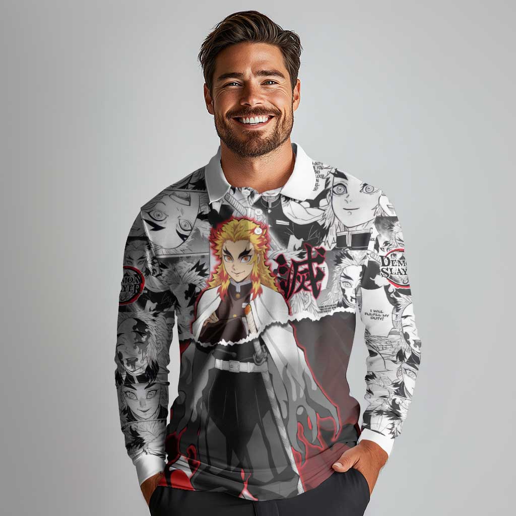 Kyojuro Rengoku Demon Slayer Flame Hashira Design Long Sleeve Polo Shirt with Manga Panels and Fiery Sword Artwork - The Mazicc