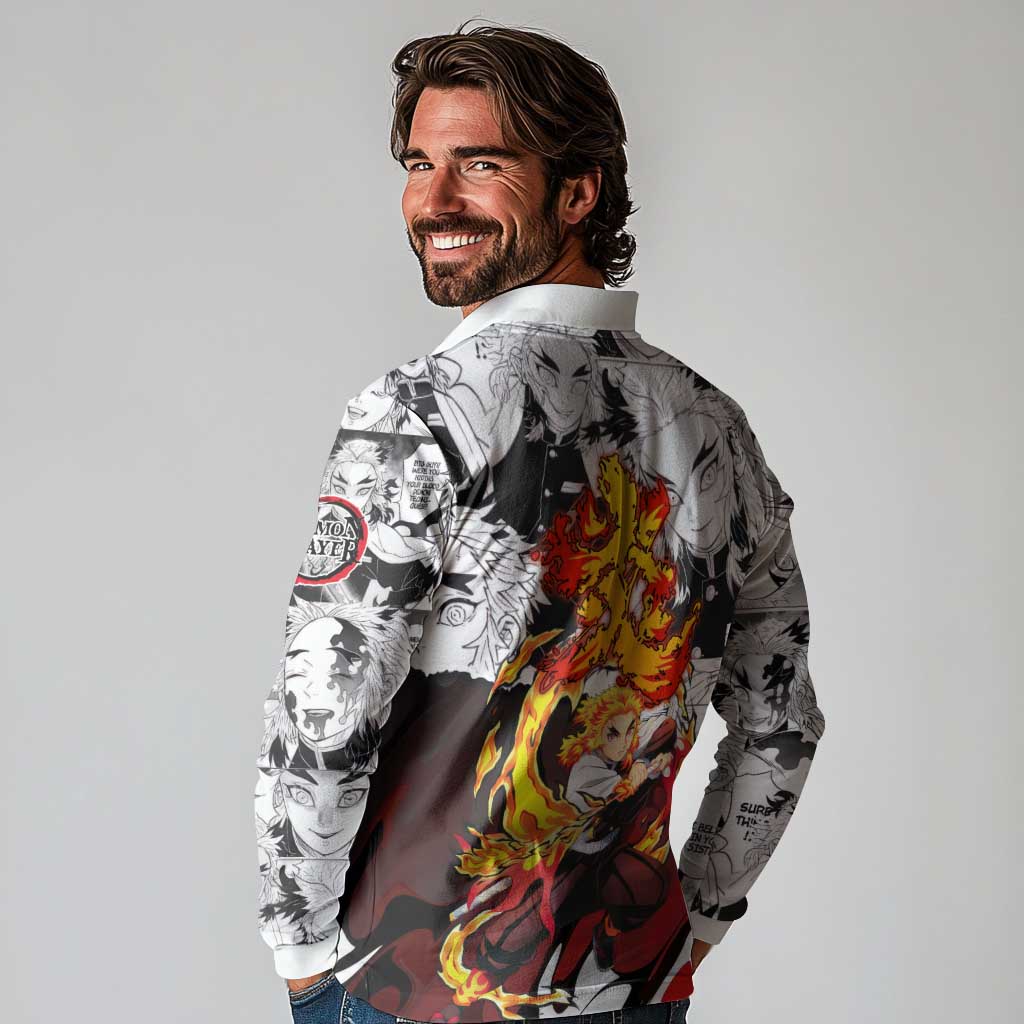 Kyojuro Rengoku Demon Slayer Flame Hashira Design Long Sleeve Polo Shirt with Manga Panels and Fiery Sword Artwork - The Mazicc