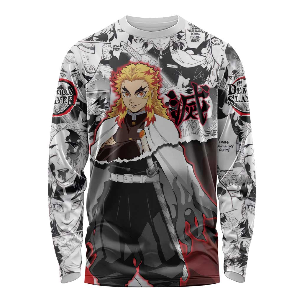 Kyojuro Rengoku Demon Slayer Flame Hashira Design Long Sleeve Shirt with Manga Panels and Fiery Sword Artwork - The Mazicc