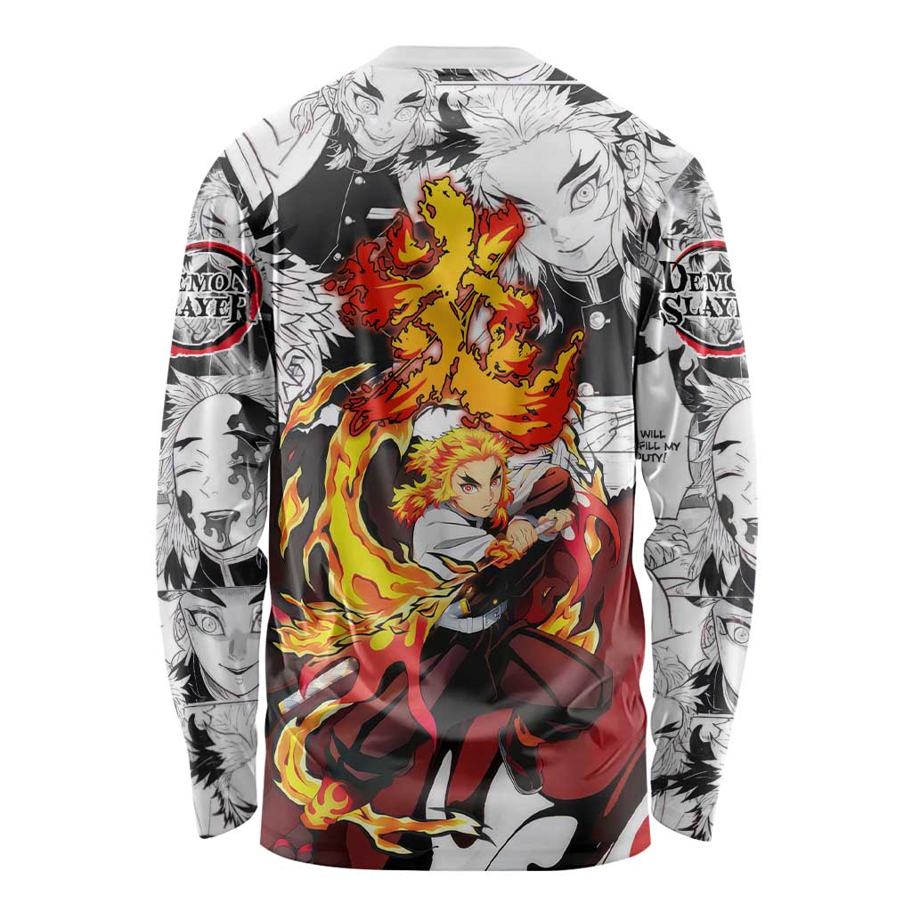 Kyojuro Rengoku Demon Slayer Flame Hashira Design Long Sleeve Shirt with Manga Panels and Fiery Sword Artwork - The Mazicc