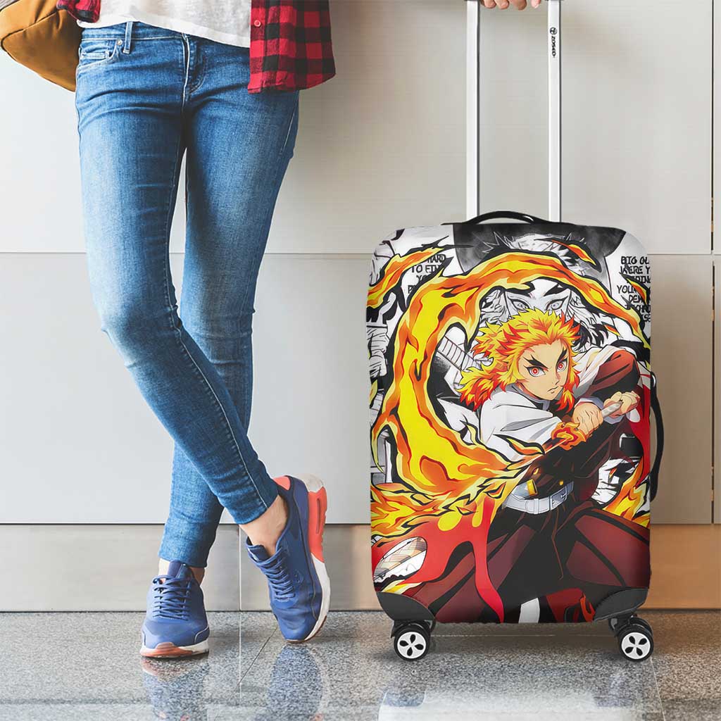 Kyojuro Rengoku Demon Slayer Flame Hashira Design Luggage Cover with Manga Panels and Fiery Sword Artwork - The Mazicc
