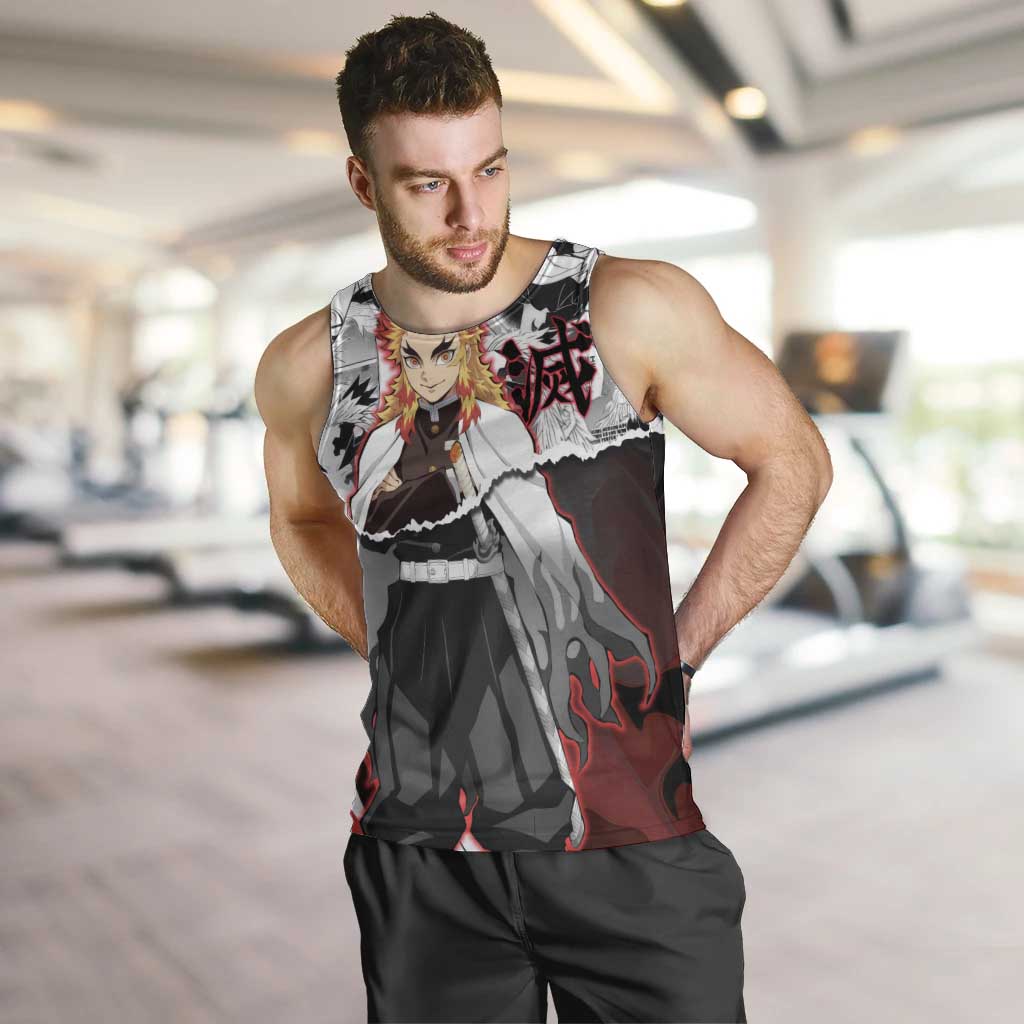Kyojuro Rengoku Demon Slayer Flame Hashira Design Men Tank Top with Manga Panels and Fiery Sword Artwork - The Mazicc