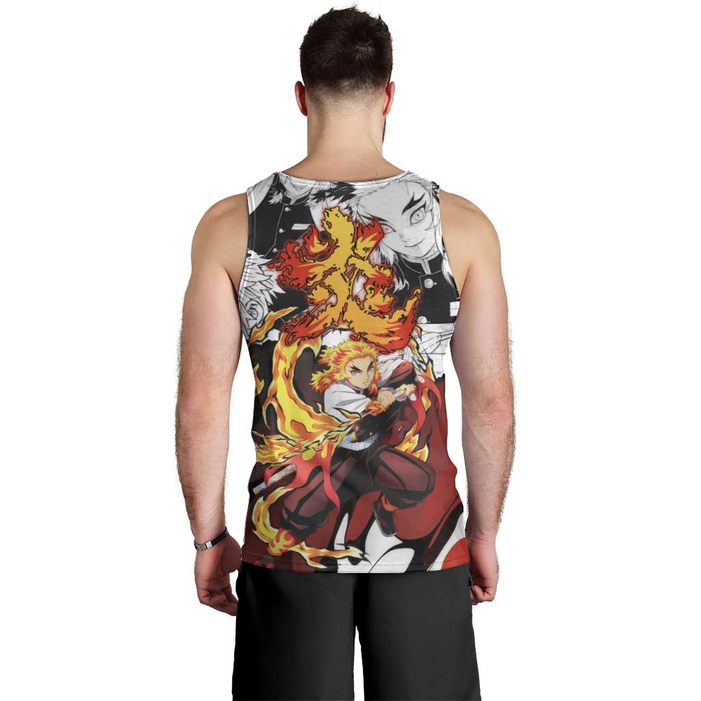 Kyojuro Rengoku Demon Slayer Flame Hashira Design Men Tank Top with Manga Panels and Fiery Sword Artwork - The Mazicc