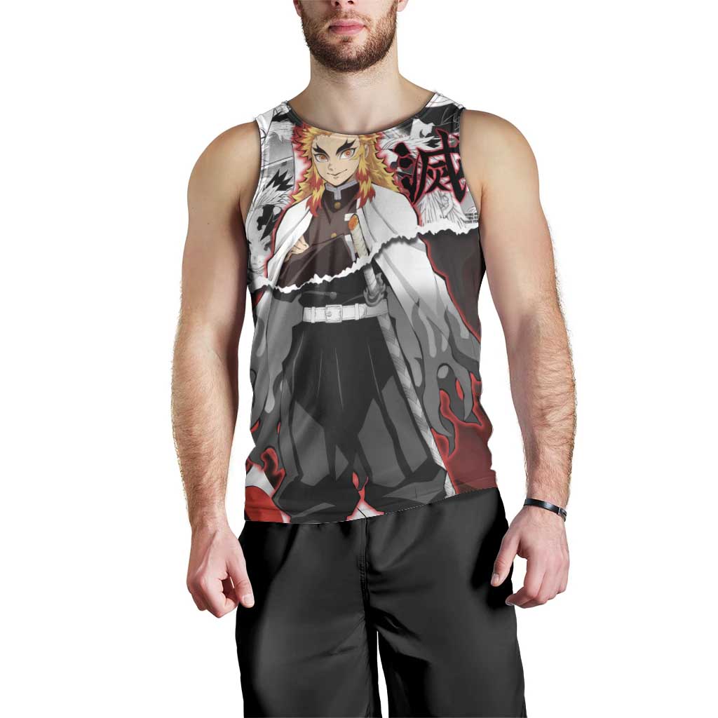 Kyojuro Rengoku Demon Slayer Flame Hashira Design Men Tank Top with Manga Panels and Fiery Sword Artwork - The Mazicc
