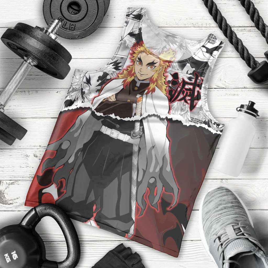 Kyojuro Rengoku Demon Slayer Flame Hashira Design Men Tank Top with Manga Panels and Fiery Sword Artwork - The Mazicc