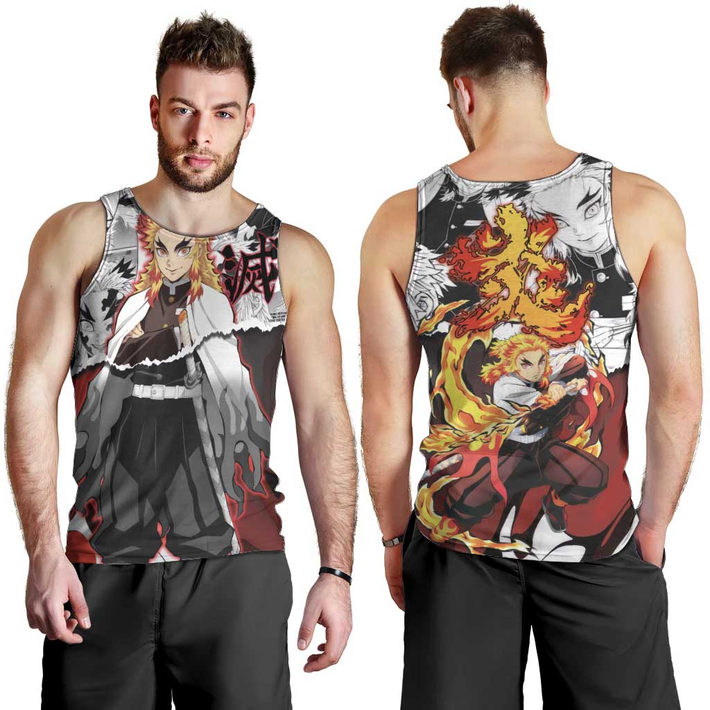 Kyojuro Rengoku Demon Slayer Flame Hashira Design Men Tank Top with Manga Panels and Fiery Sword Artwork - The Mazicc