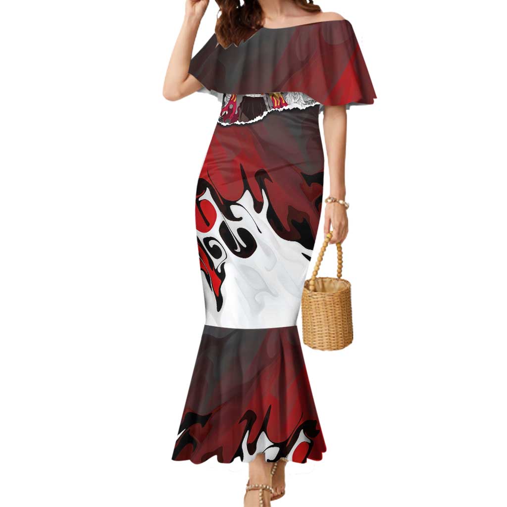 Kyojuro Rengoku Demon Slayer Flame Hashira Design Mermaid Dress with Manga Panels and Fiery Sword Artwork - The Mazicc