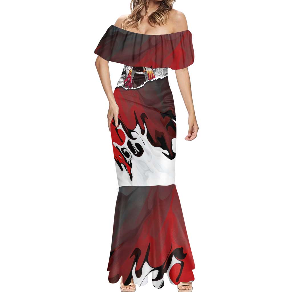 Kyojuro Rengoku Demon Slayer Flame Hashira Design Mermaid Dress with Manga Panels and Fiery Sword Artwork - The Mazicc